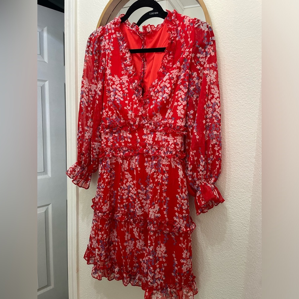 Floral Red White and Blue Ruffled Feminine Open Back Dress